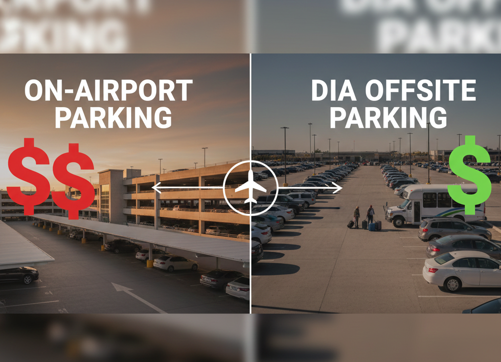 Infographic comparing the high cost of on-airport parking versus the lower cost of DIA offsite parking with shuttle service.
