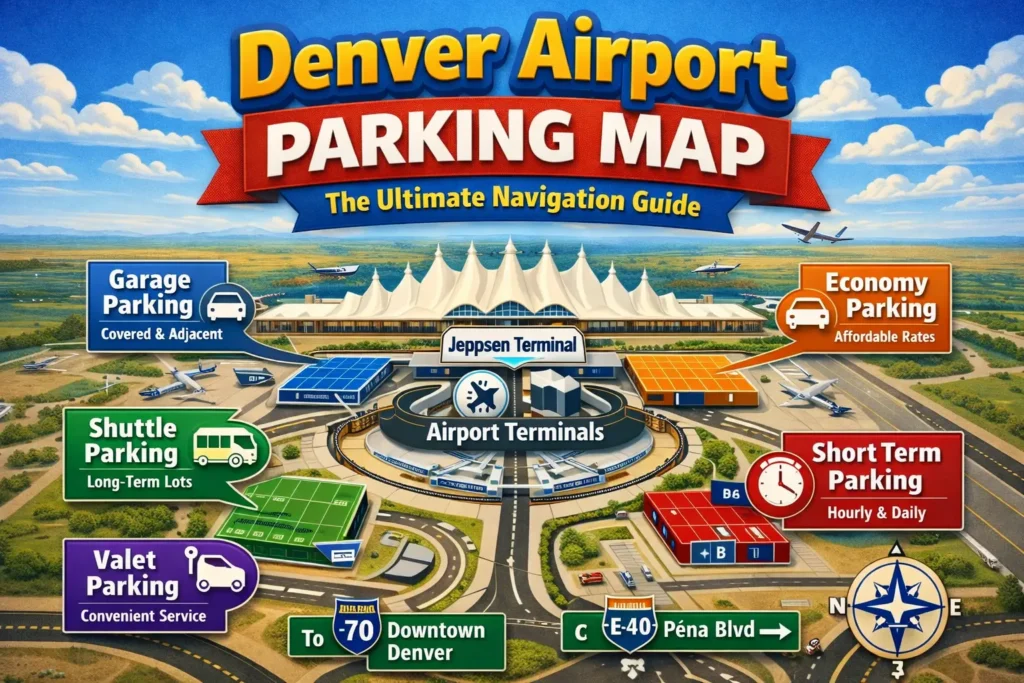 Denver Airport parking map showing garage, economy, shuttle, valet, and short-term parking at DIA.