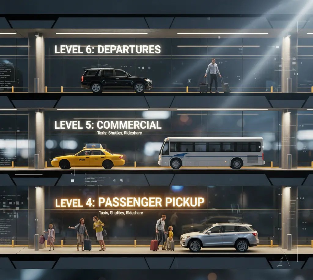 Infographic showing Denver International Airport levels 4, 5, and 6 with level 4 highlighted for private passenger pickup.