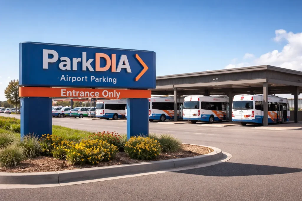 ParkDIA entrance with shuttle service at Denver International Airport parking.