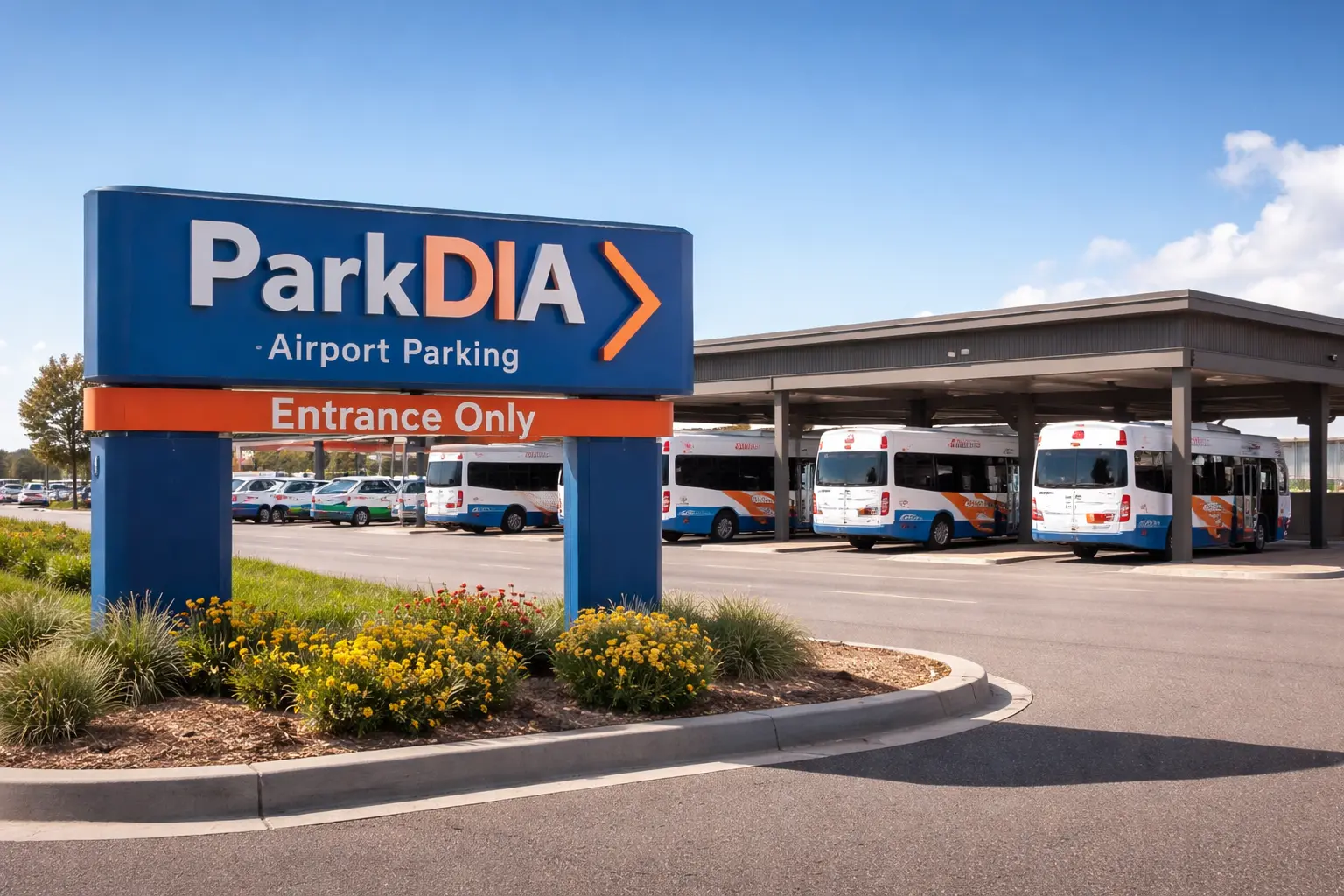 ParkDIA entrance with shuttle service at Denver International Airport parking.