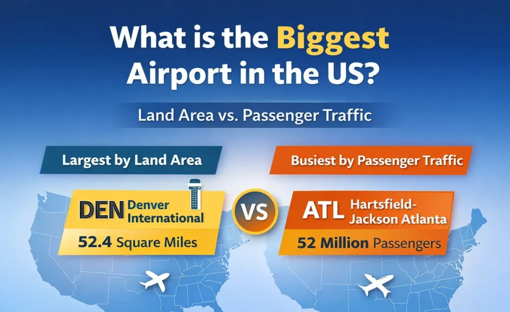 What Is the Biggest Airport in the US? Infographic comparing the largest and busiest airports in the US: Denver International (largest by land area) vs. Hartsfield-Jackson Atlanta (busiest by passenger traffic).
