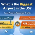 What Is the Biggest Airport in the US? Infographic comparing the largest and busiest airports in the US: Denver International (largest by land area) vs. Hartsfield-Jackson Atlanta (busiest by passenger traffic).