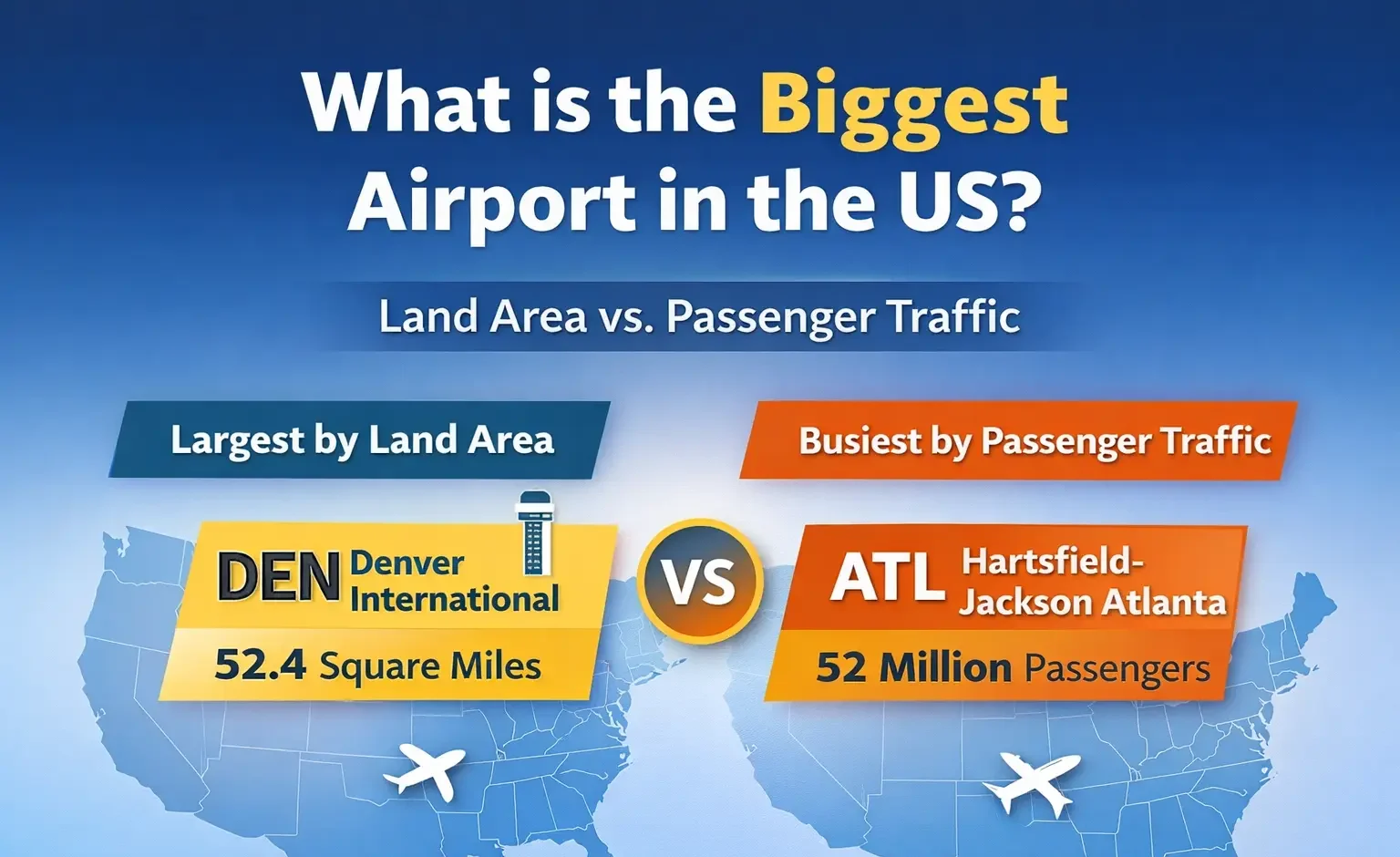 What Is the Biggest Airport in the US? Infographic comparing the largest and busiest airports in the US: Denver International (largest by land area) vs. Hartsfield-Jackson Atlanta (busiest by passenger traffic).