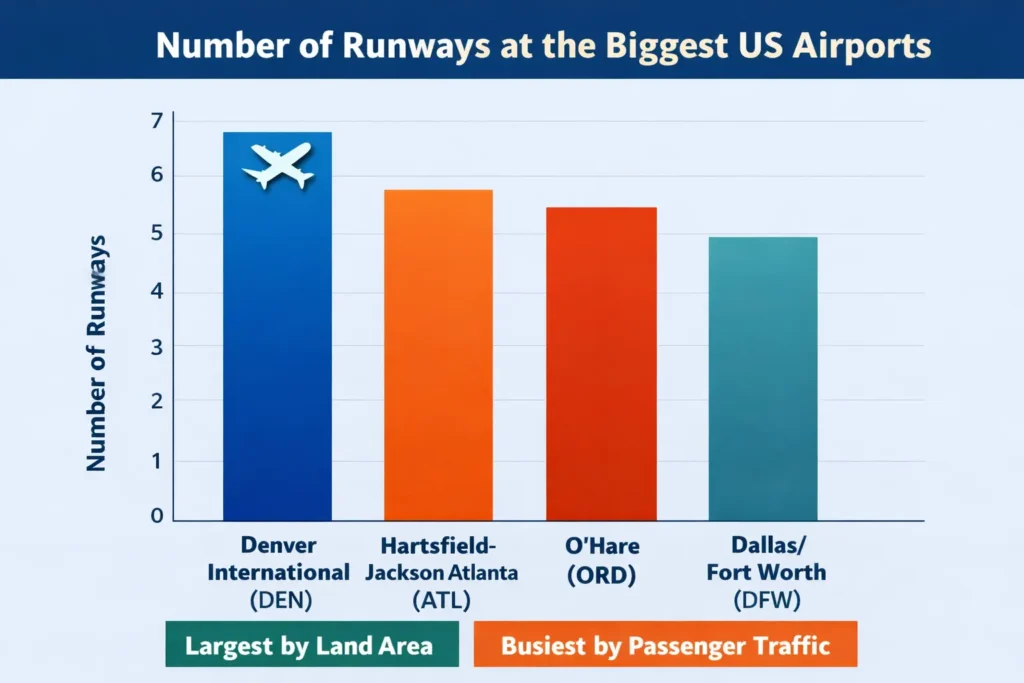 Bar chart comparing the number of runways at the biggest US airports, including Denver, Atlanta, and O'Hare.