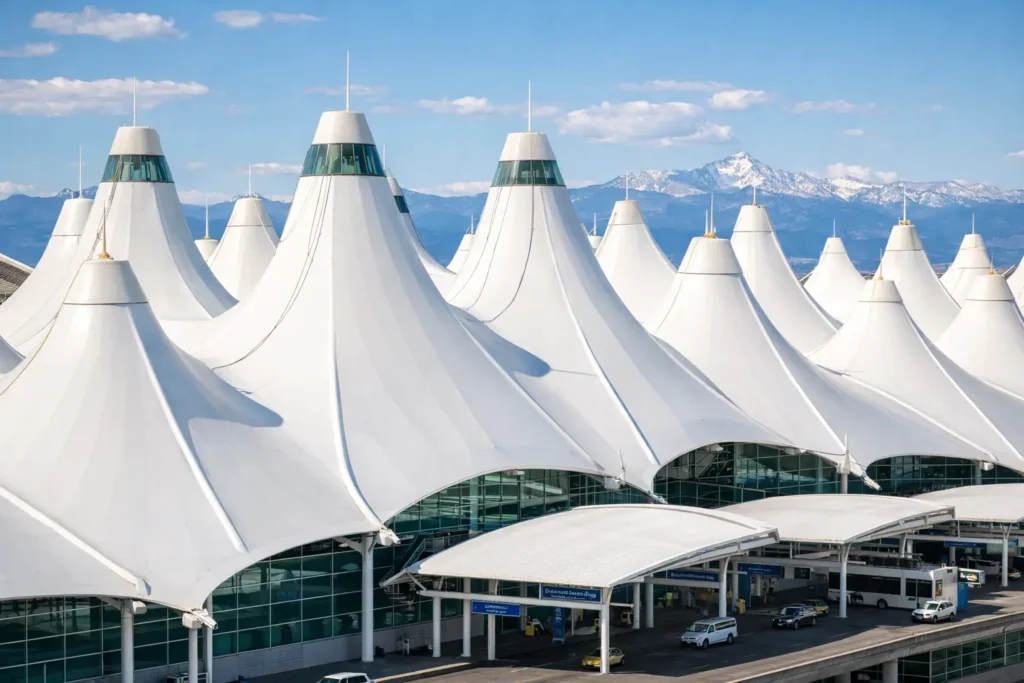 Close-up view of Denver International Airport’s iconic roof design resembling mountain peaks.