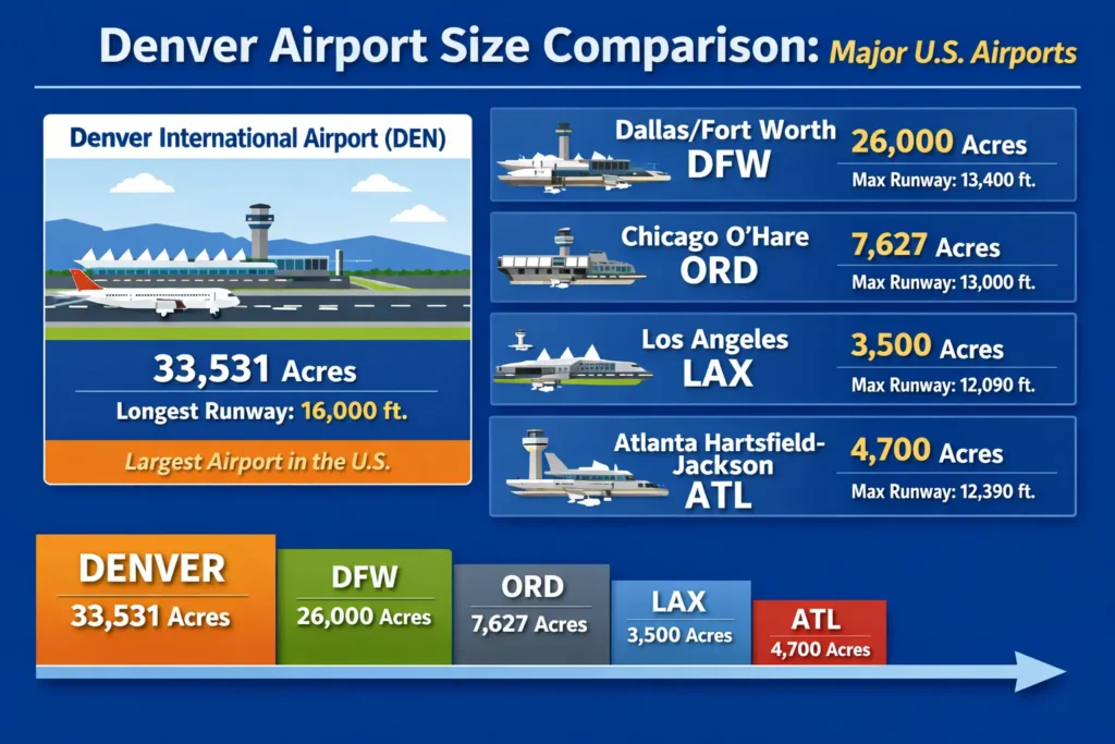 Infographic comparing the size of Denver International Airport with other major U.S. airports.