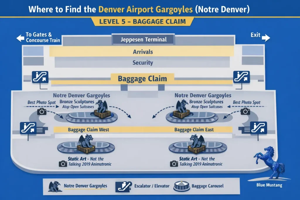 Map showing locations of Denver Airport Gargoyles at Jeppesen Terminal Level 5 baggage claim