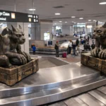 Denver Airport Gargoyle bronze sculptures atop luggage at Jeppesen Terminal Level 5
