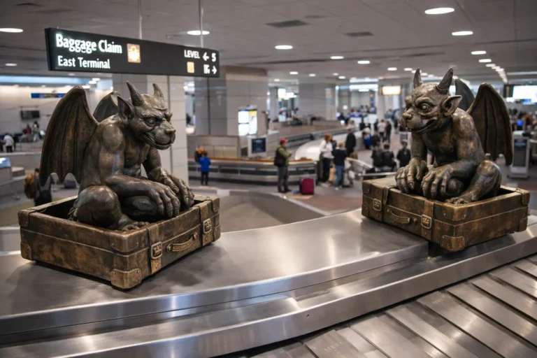 Denver Airport Gargoyle bronze sculptures atop luggage at Jeppesen Terminal Level 5