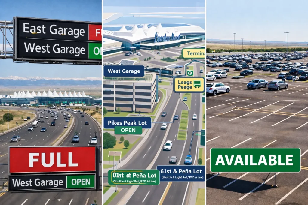 Digital signs showing DIA parking garage status and availability in real time