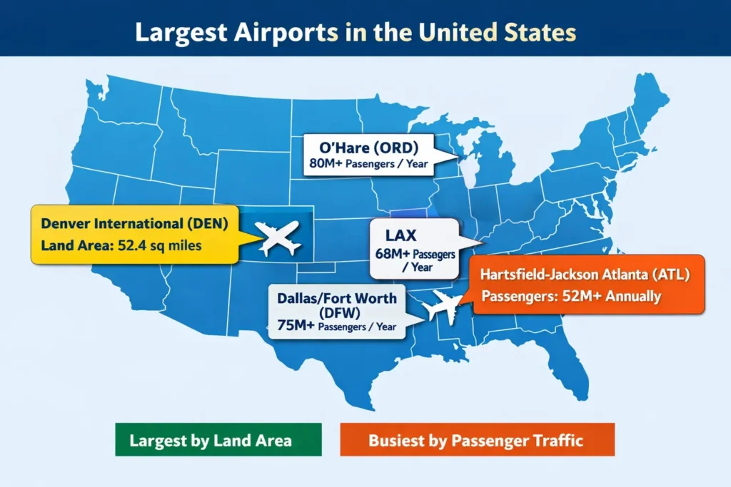 Map of the largest airports in the US, comparing land area and passenger traffic of Denver International and Hartsfield-Jackson Atlanta.