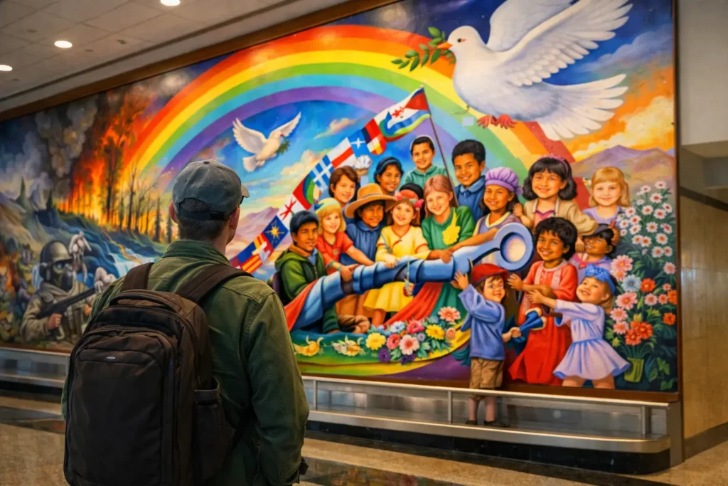 Traveler admiring Denver airport mural on peace and unity.