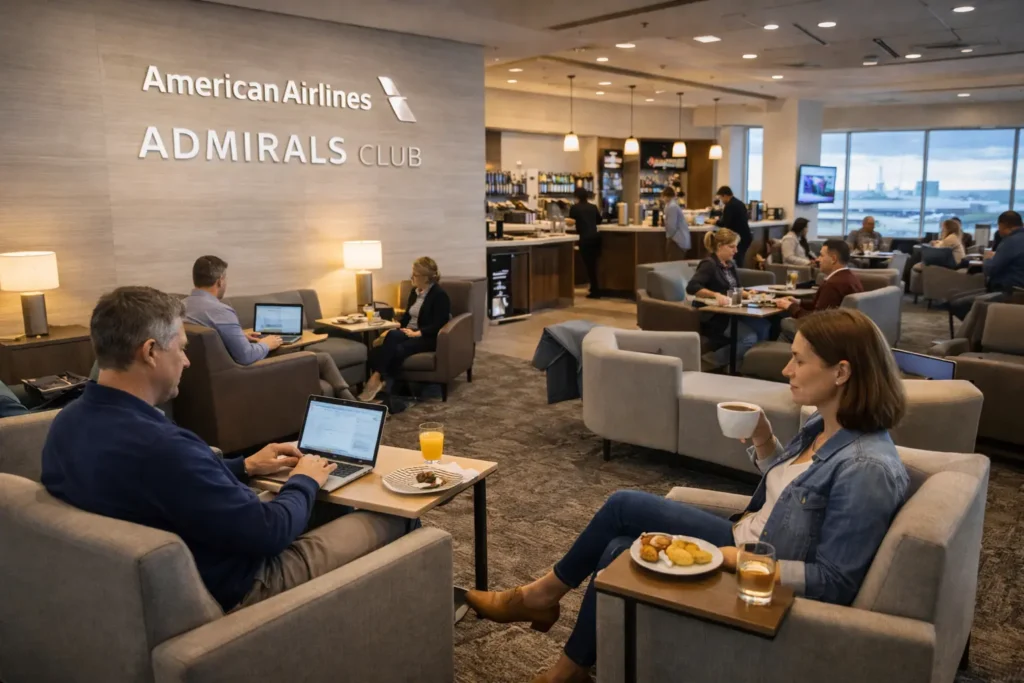 Interior of American Airlines Admirals Club at Denver International Airport, showing passengers working on laptops and enjoying drinks and snacks.