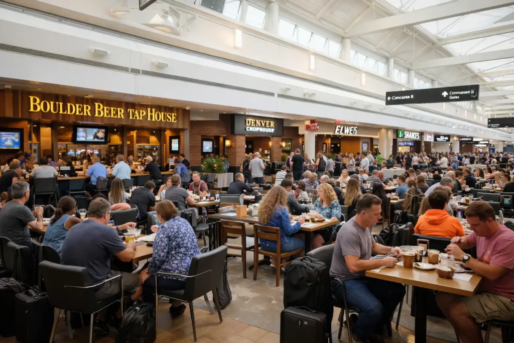 Dining area at Denver International Airport with various food options in Terminal B.