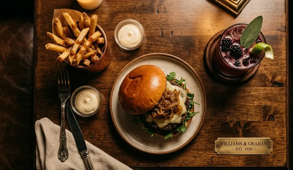 A dry-aged steak burger and malt gastrique fries paired with a craft cocktail at the Denver airport speakeasy.
