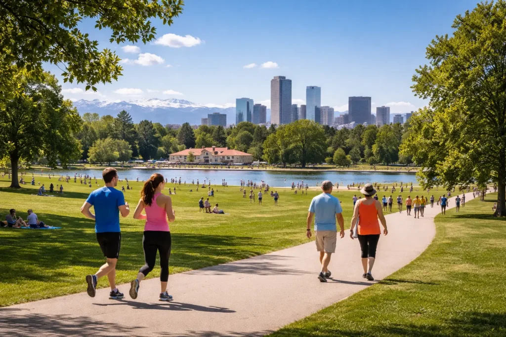 People walking in a Denver park with the skyline and open blue sky behind them