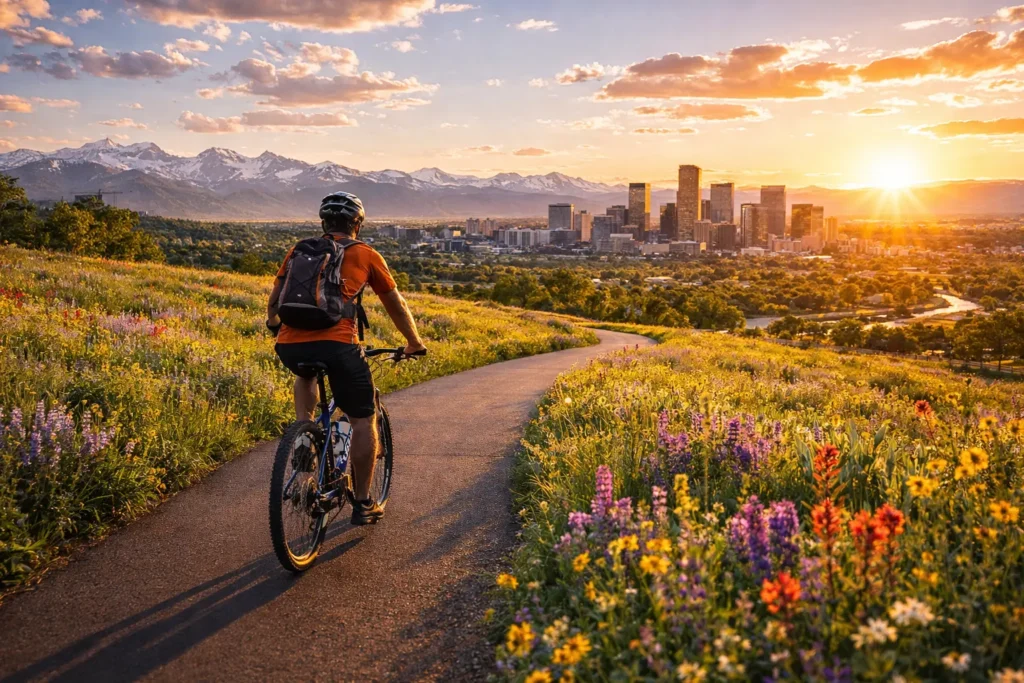 Denver Union Station with commuter rail and downtown buildings nearby