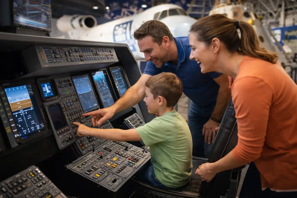 Family enjoying an interactive exhibit at the Wings Over the Rockies Air & Space Museum near Denver Airport.