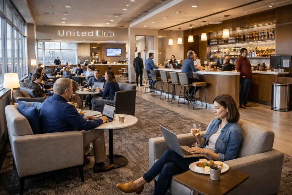 United Lounge at Denver International Airport with travelers enjoying snacks and drinks