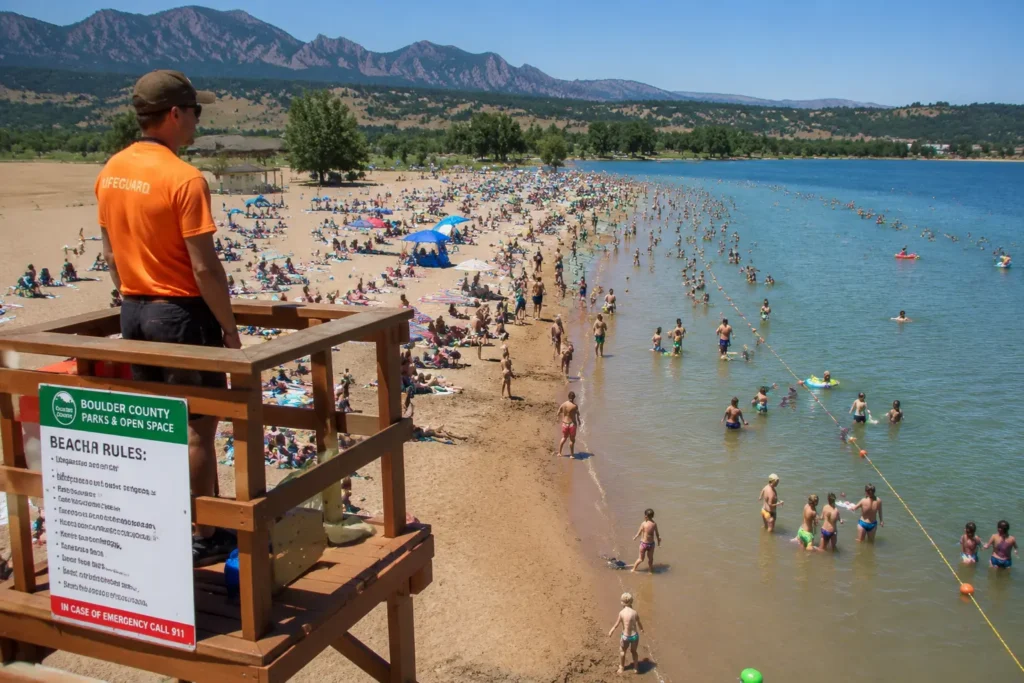 Lifeguard watching over crowded sandy beach at Boulder Reservoir in Colorado