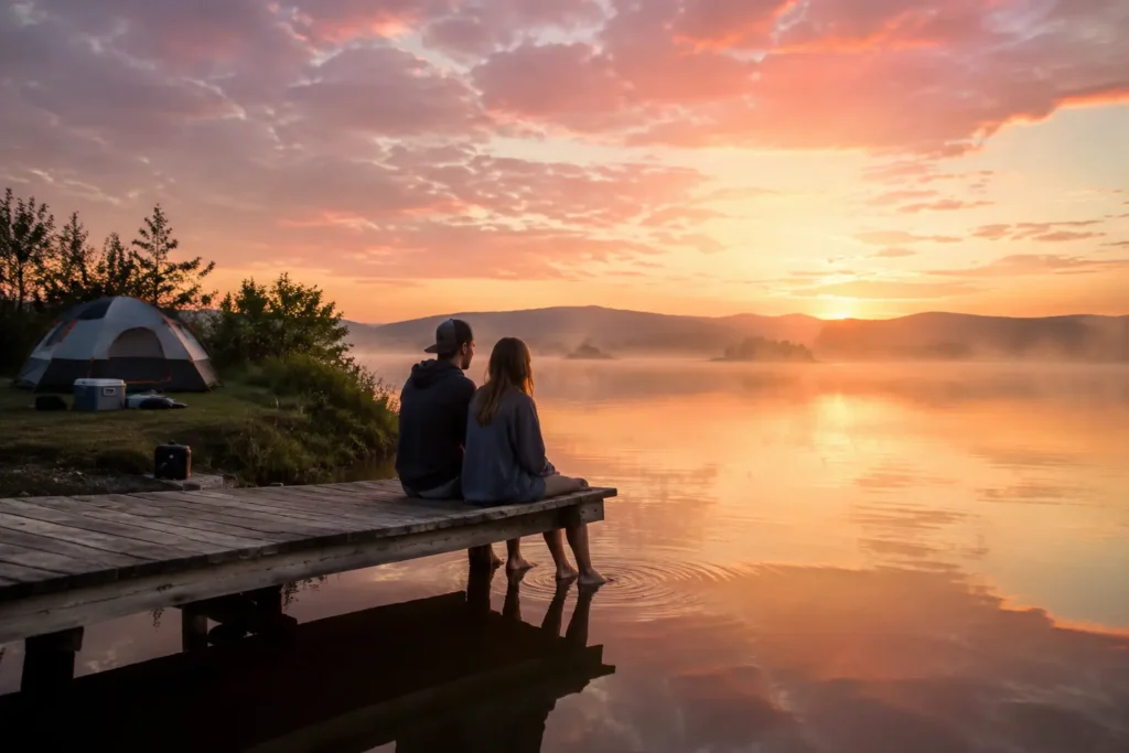 Couple sitting on dock at sunrise at Boyd Lake State Park in Loveland Colorado with camping gear behind them