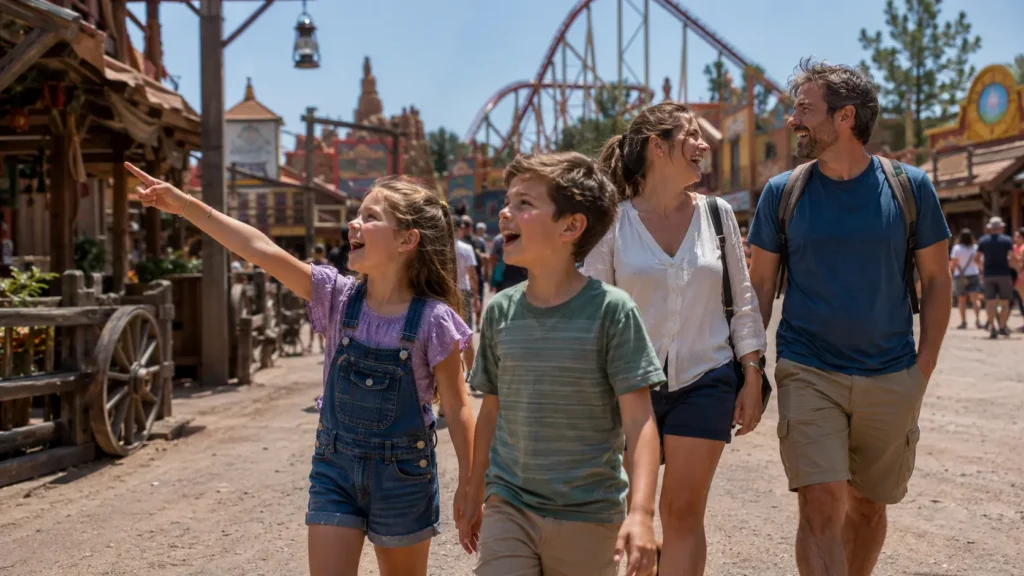 Family of four walking through an Ozark-themed amusement park in Branson, Missouri
