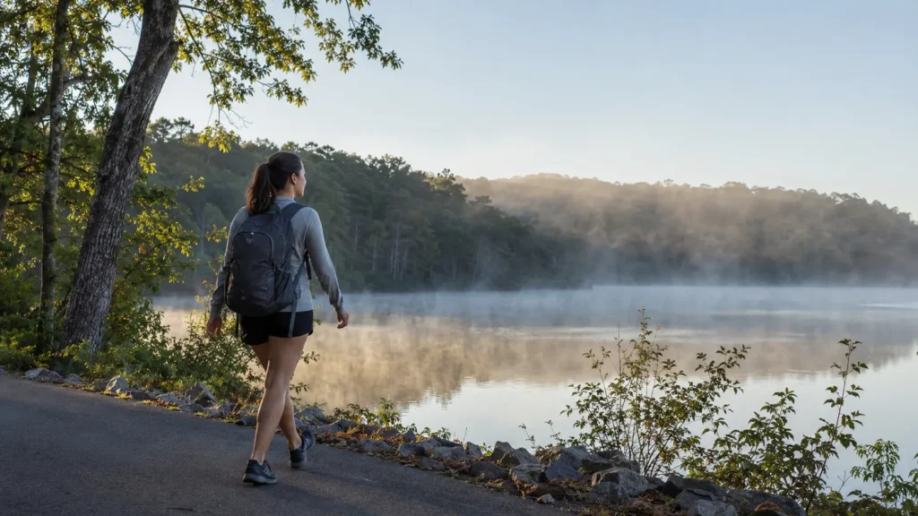 Solo hiker walking the paved lakeshore trail near Table Rock Lake in Branson, Missouri
