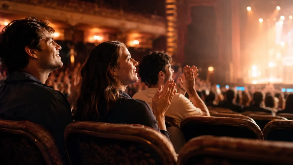 Group of friends applauding during a live theater show in Branson, Missouri