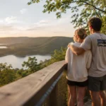 Couple overlooking Table Rock Lake and the Ozark Mountains in Branson, MO at golden hour
