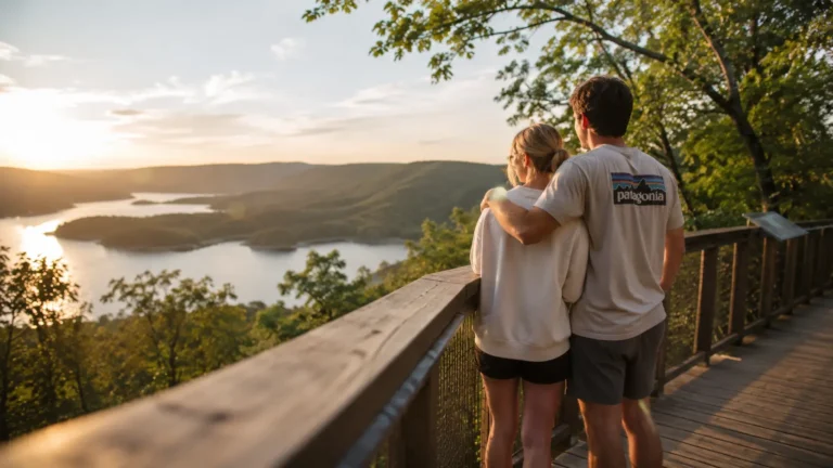 Couple overlooking Table Rock Lake and the Ozark Mountains in Branson, MO at golden hour