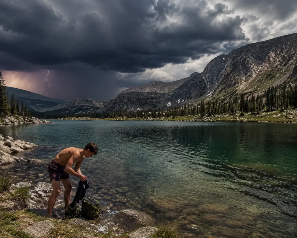 Swimmer leaving Colorado alpine lake as dark storm clouds and lightning approach on the horizon
