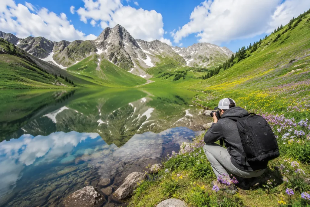 Mirror-still Lake Irwin near Crested Butte reflecting wildflower meadows and mountain peaks in Colorado