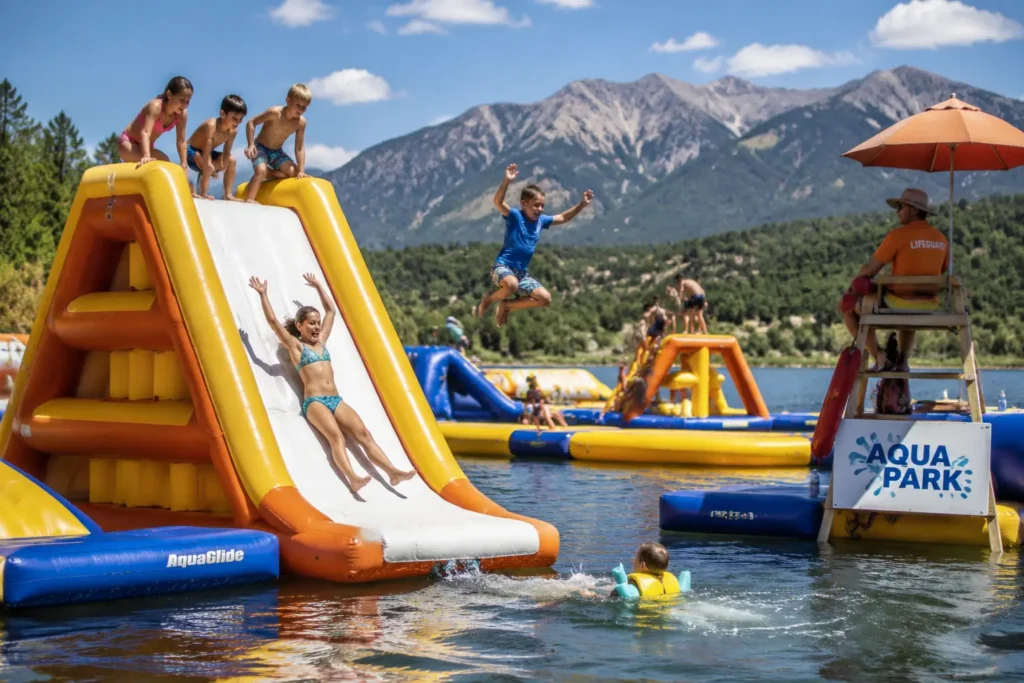 Children playing on inflatable Aqua Park at Lake Nighthorse in Durango Colorado with San Juan Mountains behind