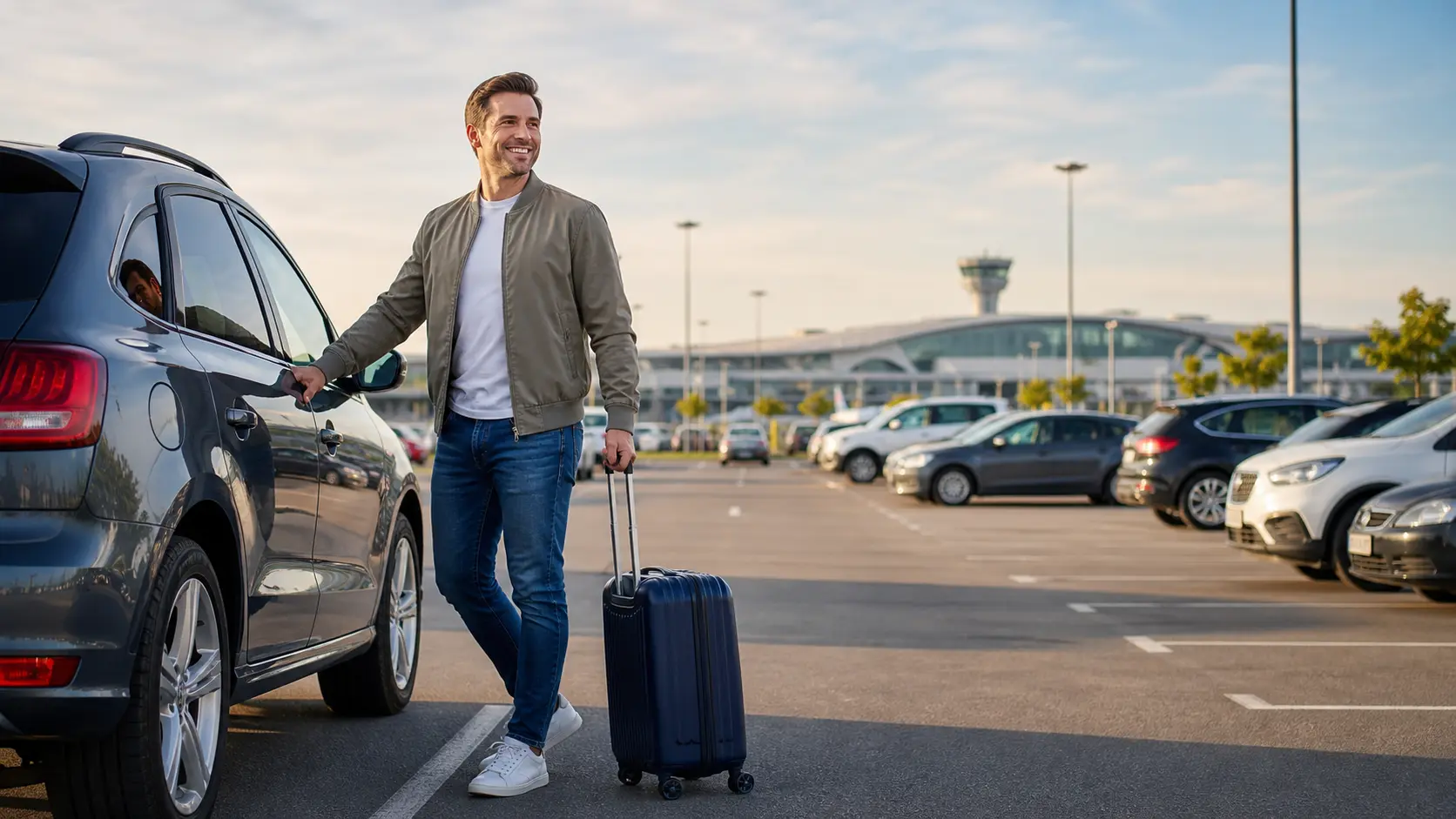 How to Avoid High Airport Parking Costs Without Stress. Happy traveler using a stress-free airport parking plan