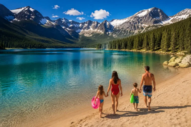 Swimming lakes in Colorado. Family walking on a sandy beach at a stunning swimming lake in Colorado with mountain backdrop