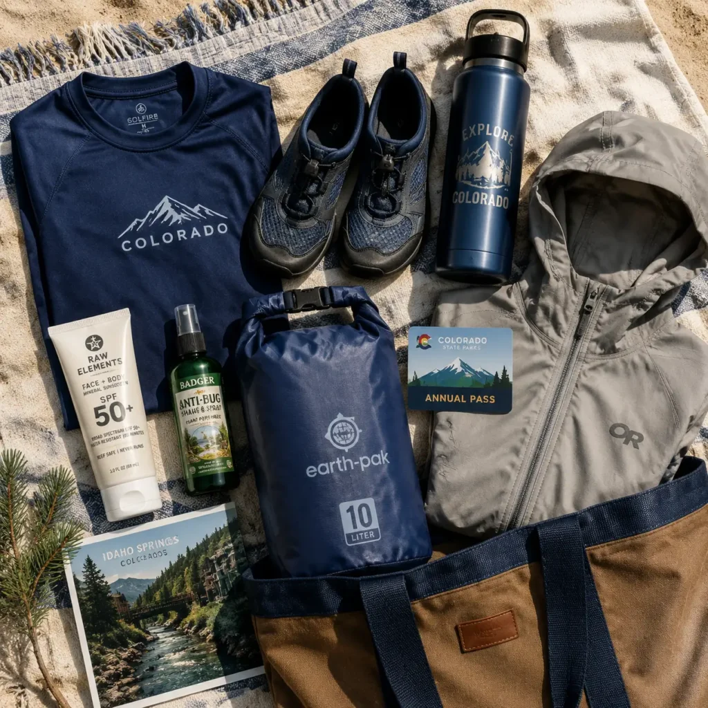 Flat lay of essential items to pack for a Colorado lake day including sunscreen rash guard water shoes and dry bag