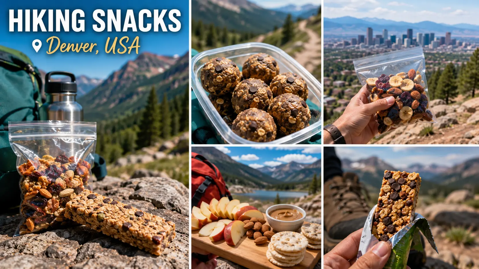 Hiking Snacks: The Best Trail Snacks to Fuel Every Hike 1 Assortment of the best hiking snacks including trail mix, dried fruit, jerky, and energy bars laid out for a day hike