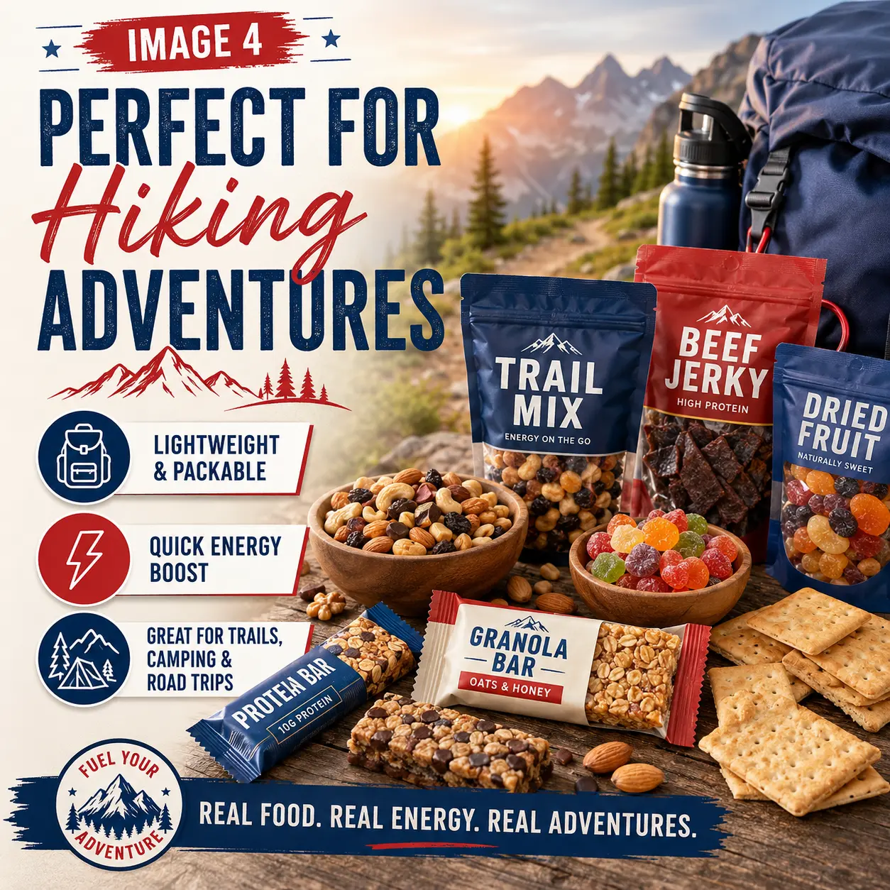 Hiking Snacks: The Best Trail Snacks to Fuel Every Hike 2 Perfect hiking trail snacks including nuts, dried fruit, and granola bars portioned into small bags