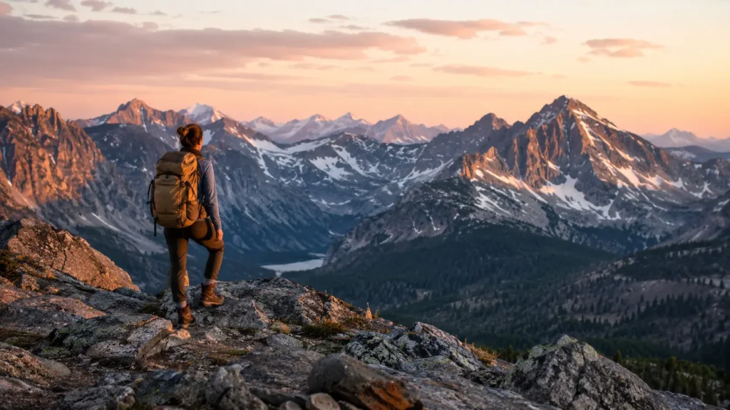 Hiker standing on a mountain overlook admiring the Colorado Rockies at sunrise