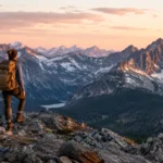 Hiker standing on a mountain overlook admiring the Colorado Rockies at sunrise