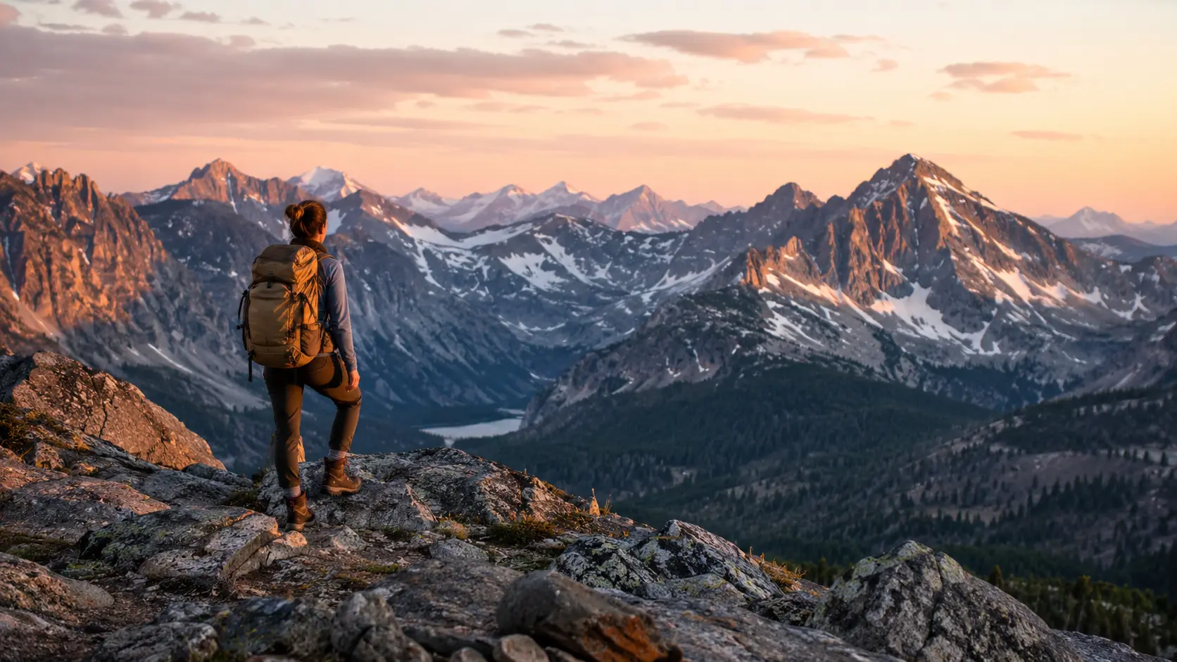 Hiker standing on a mountain overlook admiring the Colorado Rockies at sunrise