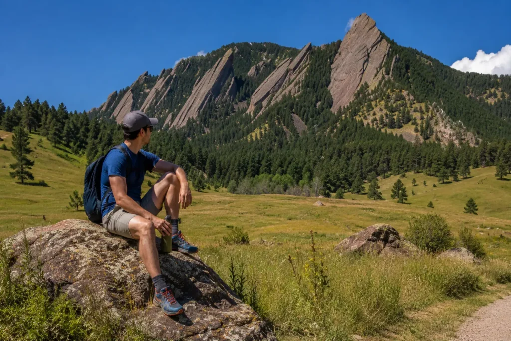 Hiker resting on a rock at Chautauqua Park with the Boulder Flatirons behind