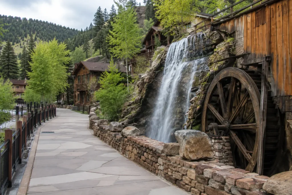 Bridal Veil Falls beside the historic Charlie Tayler Water Wheel in Idaho Springs, Colorado