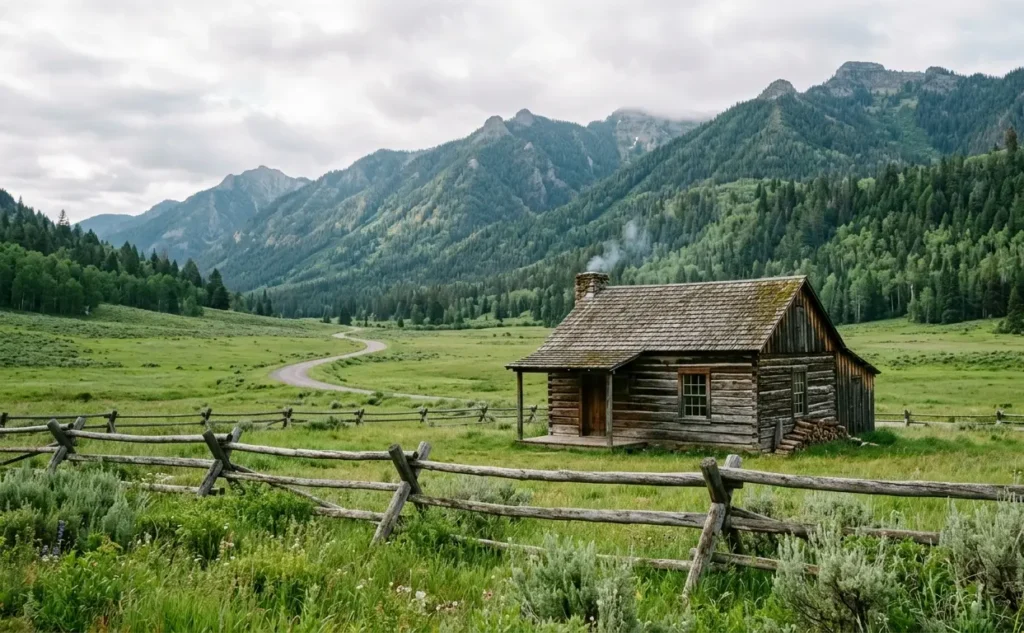 Historic cabin and open valley along the Cades Cove Loop in the Smoky Mountains