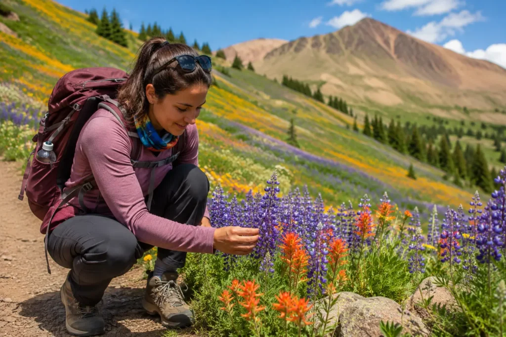 Hiker crouching among wildflowers on a trail near Crested Butte, Colorado