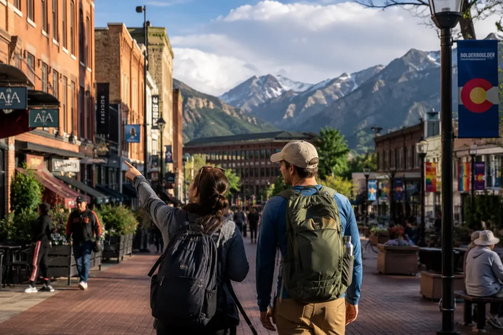 Places to Visit in Colorado. Couple walking through downtown Denver with mountain skyline in the background