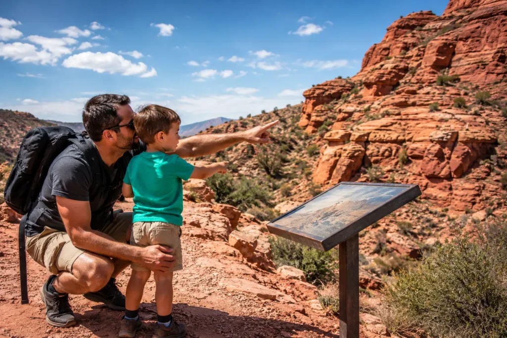 Hiking Near Denver, Parent and child crouching to look at fossil tracks on a rocky trail near Denver