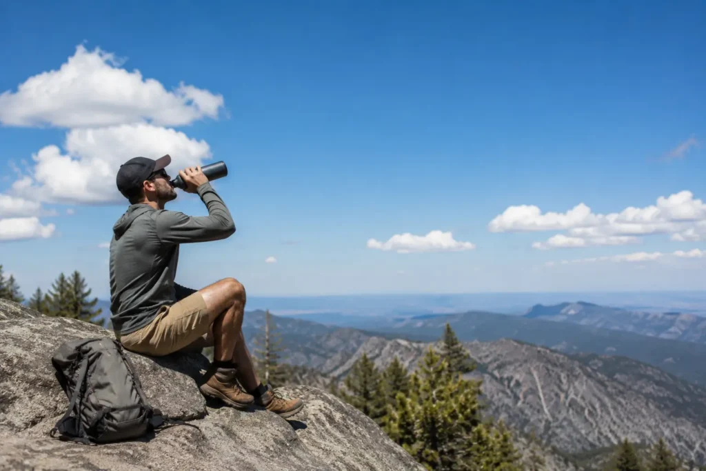 Hiker resting and drinking water on a rock with a wide sky view near Denver