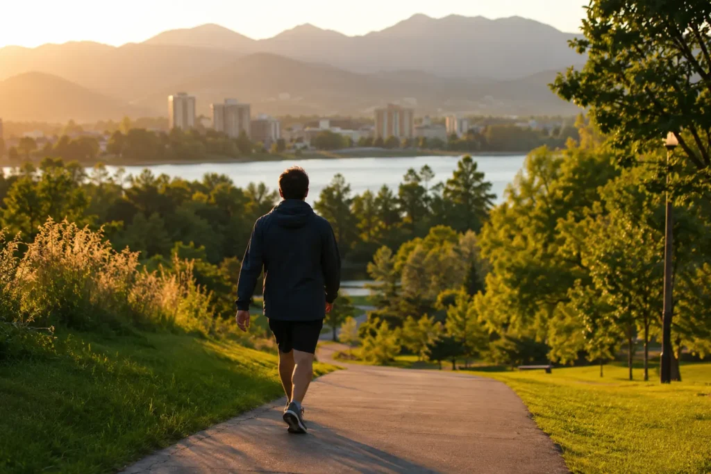 Person walking a paved trail in a Denver city park with foothills in the distance